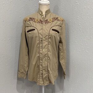 Ranger's Western Charro Horseshoe Embroidered Tan Button Down Shirt
